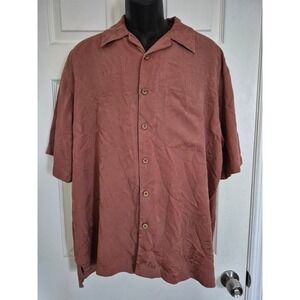 Joseph & Feiss Mens XL Silk Camp Shirt Terracotta Tropical Jacquard Short Sleeve